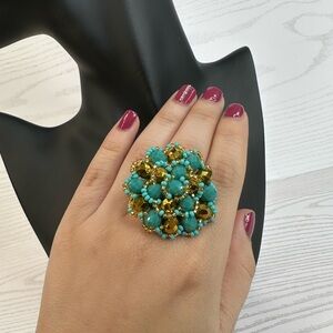 New handmade Gold and Turquoise Statement stretchy back Ring